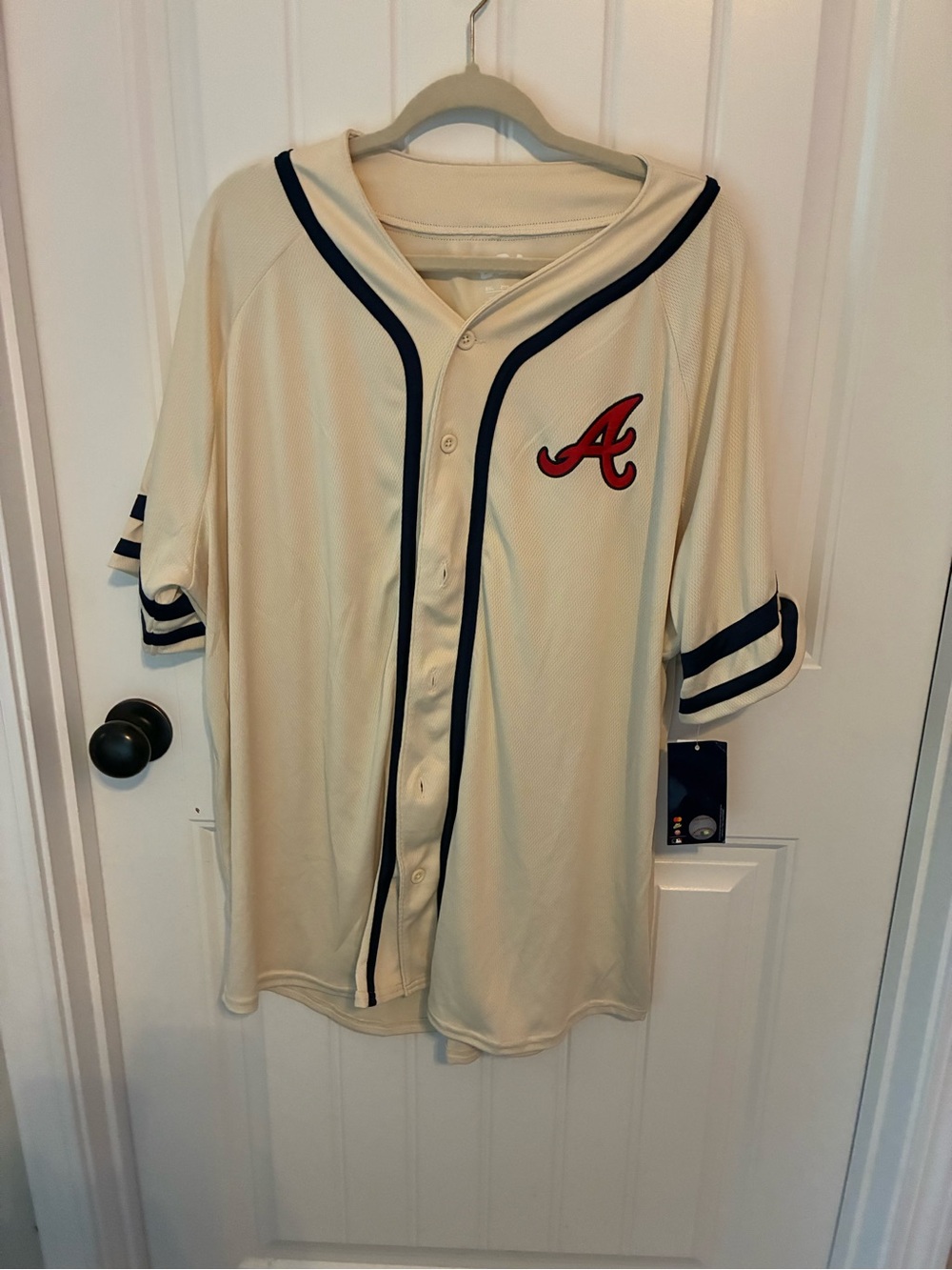 Cream Baseball Jersey with Navy Trim and Red 'A' Chest Patch
